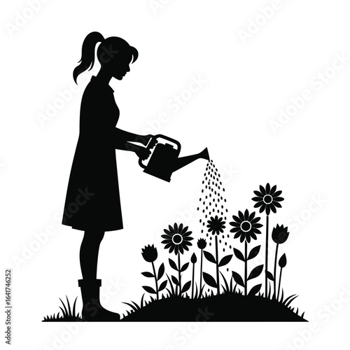 Silhouette of woman watering flowers in garden watering can 1