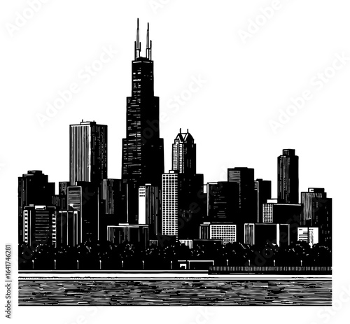Chicago Iconic Cityscape Willis Tower Lakefront Buildings Skyscraper Black and White Outline Line Art Drawing