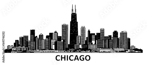 Chicago City Skyline Cityscape with Text at Bottom Black and White Outline Line Art Drawing