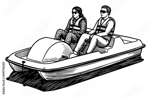 Young Couple in Pedal Boat on Water Wearing Life Vests Black and White Outline Line Art Drawing