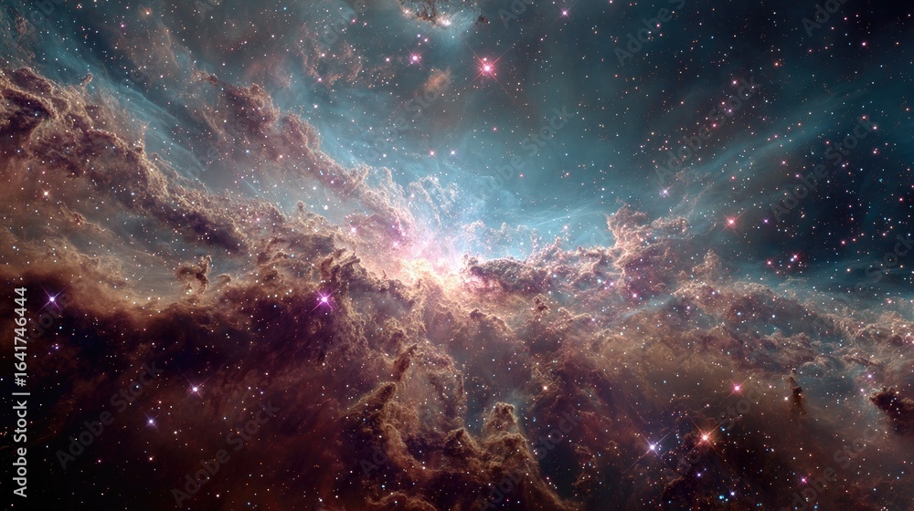 Fototapeta premium Nebulae expanse of cosmic clouds, vibrant colors, star clusters. Vast space filled with swirling, colorful gas and dust clouds. Bright central star illuminates the scene