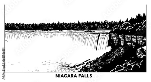 Dramatic Niagara Falls and River Landscape View with Iconic Text in Black and White Outline Line Art Drawing