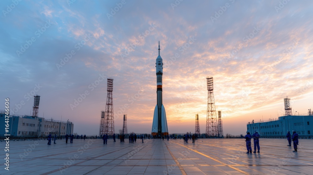Naklejka premium Rocket launch pad at dawn with crew preparing for mission against a colorful sky backdrop