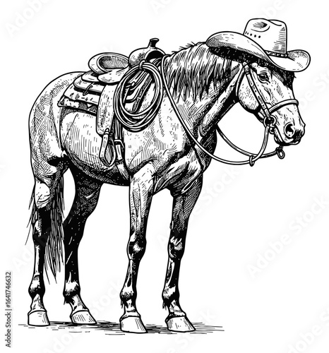 Majestic Horse Wearing Cowboy Hat with Saddle and Bridle Black and White Outline Line Art Drawing