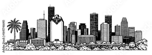 Houston Texas State Skyline with Palm Tree Black and White Outline Line Art Drawing Landscape