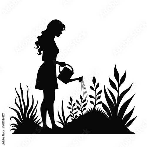 Silhouette of woman watering plants in garden girl