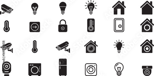 Smart home technology icons with cameras lights and thermostats