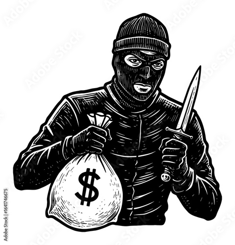 Masked burglar holding money bag and dagger in a menacing pose Black and White Outline Line Art Drawing