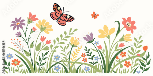 Colorful butterflies and spring flowers in a beautiful garden illustration