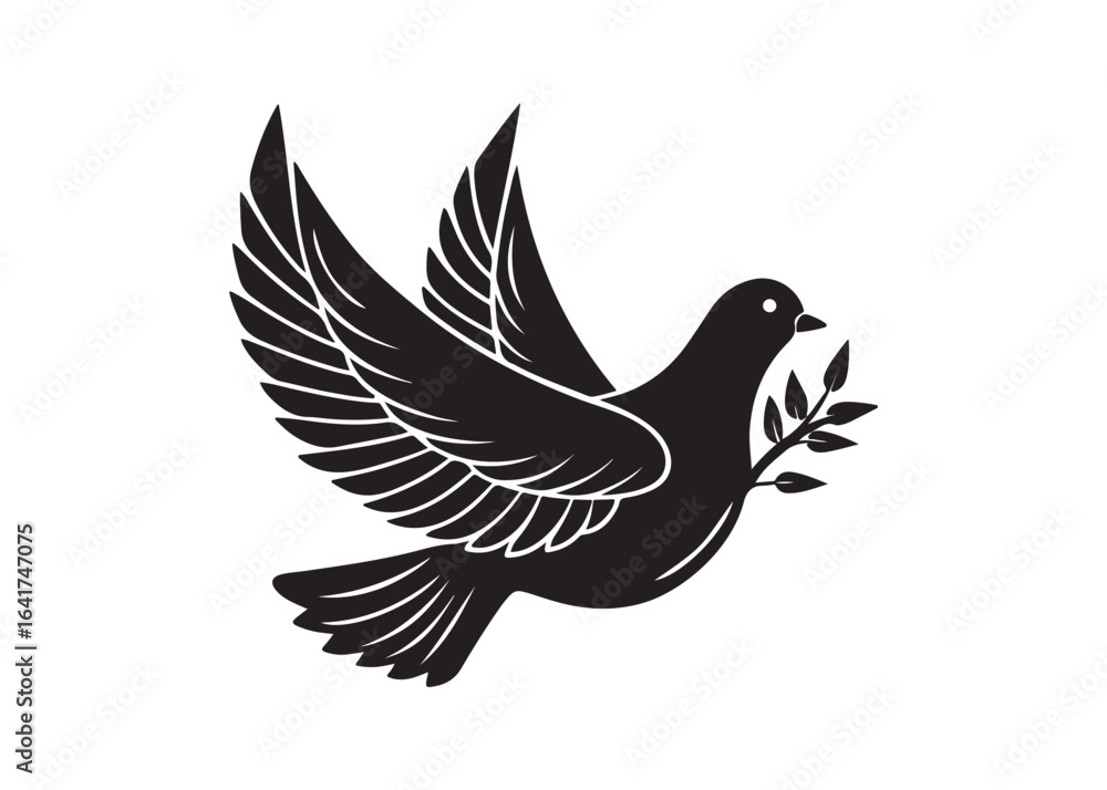Obraz premium Dove of Peace with Olive Branch Silhouette Vector Isolated on White Background.
