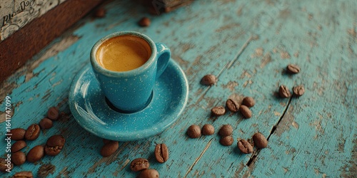 A vibrant turquoise espresso cup sits on a weathered teal wooden table, surrounded by coffee beans