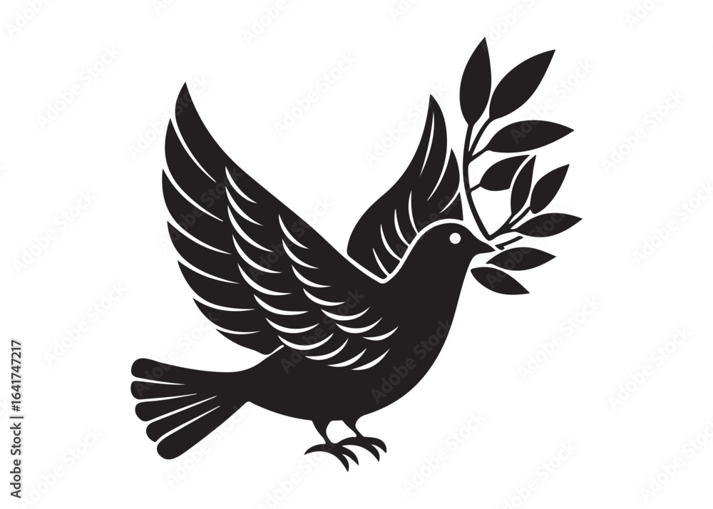 Obraz premium Dove of Peace with Olive Branch Silhouette Vector Isolated on White Background.
