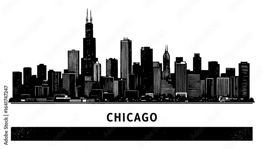 Naklejka premium Chicago Skyline Cityscape with Chicago Text at Bottom Black and White Outline Line Art Drawing