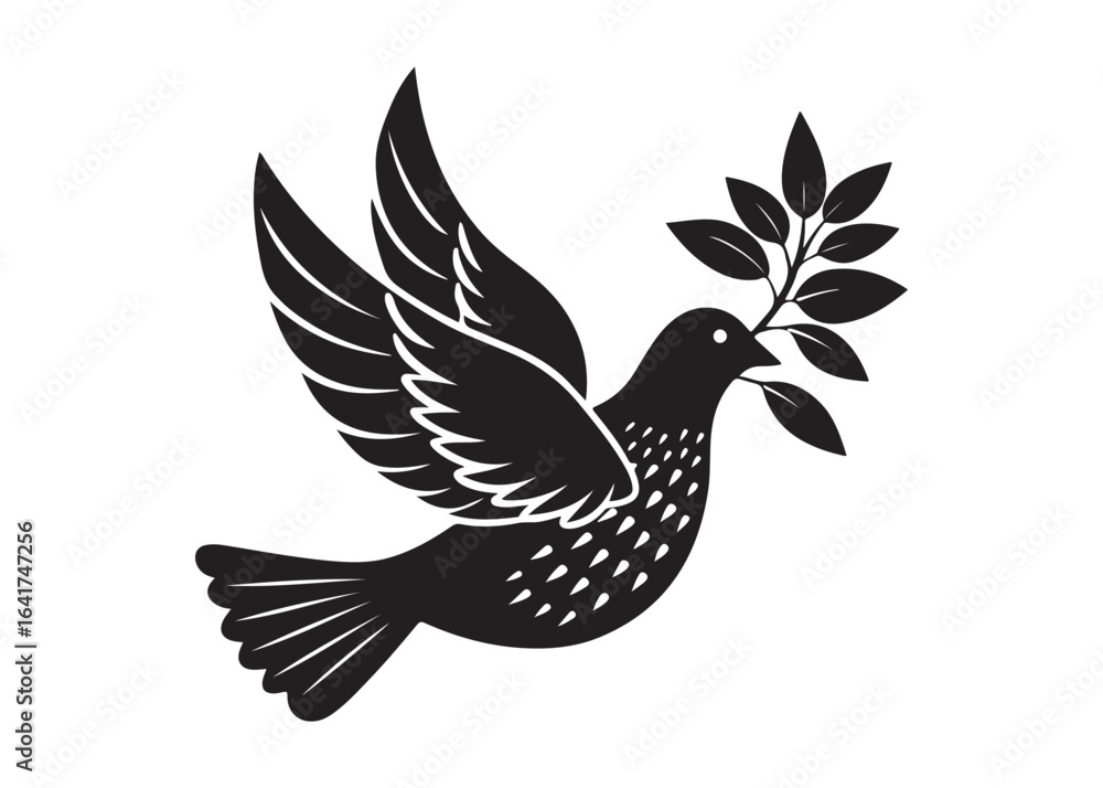 Obraz premium Dove of Peace with Olive Branch Silhouette Vector Isolated on White Background.