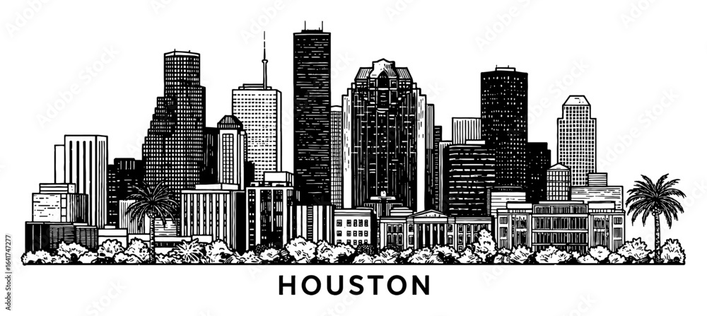 Fototapeta premium Houston Texas City Skyline with Palm Tree and Buildings Black and White Outline Line Art Drawing with Houston Text