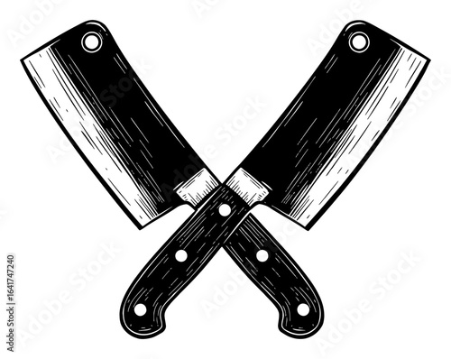 Clean Crossed Chef Knife and Butcher Cleaver Blades Vintage Black and White Outline Line Art Drawing