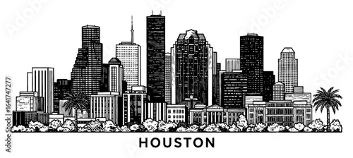 Houston Texas City Skyline with Palm Tree and Buildings Black and White Outline Line Art Drawing with Houston Text