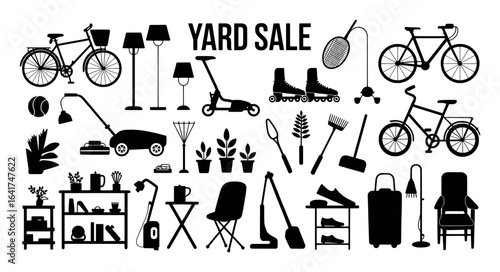 Black silhouette collection of household items and outdoor equipment vector shape