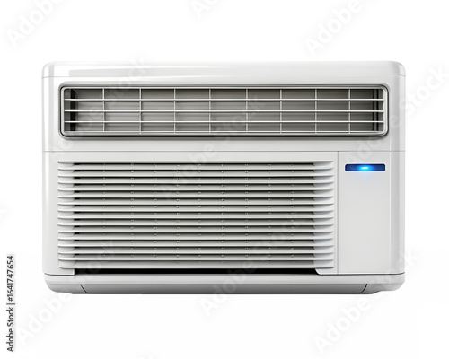 White modern window air conditioner unit with horizontal grille and blue indicator light, isolated on transparent background