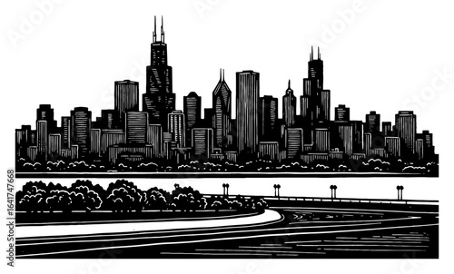 Chicago Skyline Cityscape featuring iconic buildings in Black and White Outline Line Art Drawing