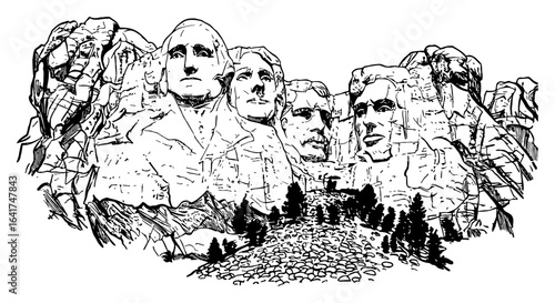 Mount Rushmore Monument Memorial Sculpture Black and White Outline Line Art Drawing of Famous USA Presidents Carved in Stone
