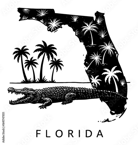 Solid Black Florida State Map with Crocodile and Palm Trees Black and White Outline Line Art Drawing