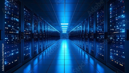 Perspective view of a futuristic data center hallway with glowing blue server racks and network infrastructure for cloud computing.