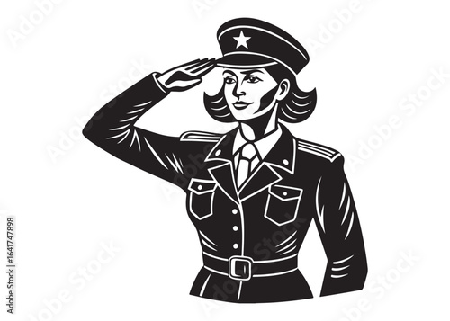 Silhouette of Female Soldier Saluting Vector Illustration on White Background.