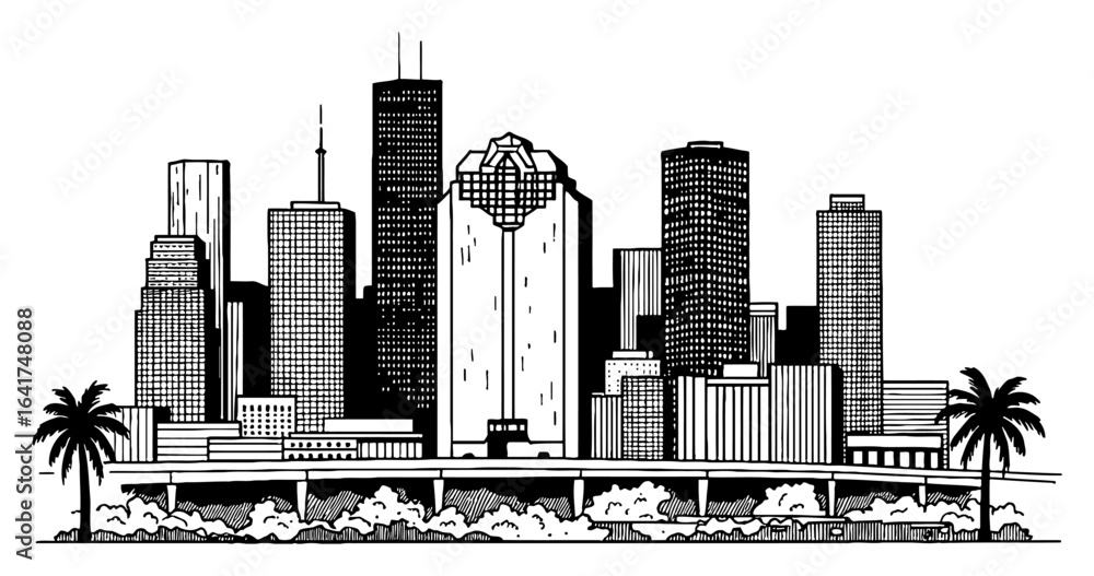 Naklejka premium Houston Texas City Skyline with Palm Tree Overpass Black and White Outline Line Art Drawing