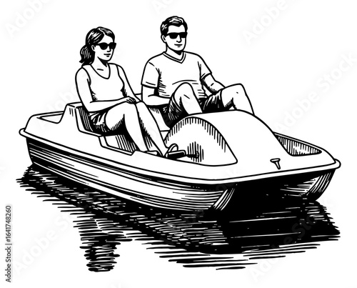 Couple Enjoying a Sunny Day on a Pedal Boat Black and White Outline Line Art Drawing Leisure Activity