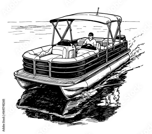 Classic Style Pontoon Boat Cruising on Water with Driver in Black and White Outline Line Art Drawing