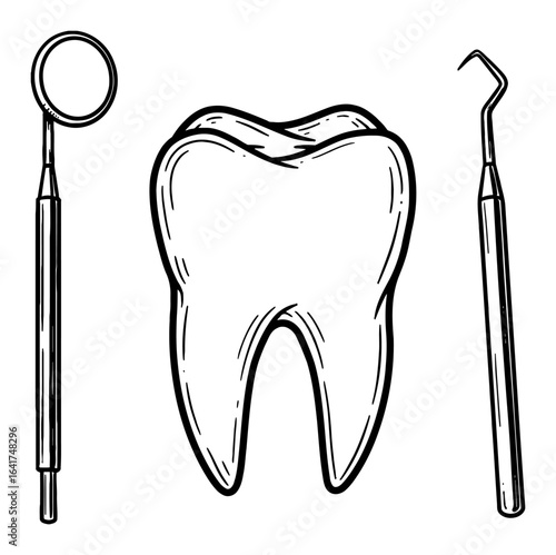 Human Tooth with Dental Mirror and Probe Medical Tools Black and White Outline Line Art Drawing