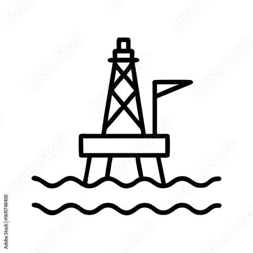 Minimalist black outline vector icon of an offshore drilling rig, symbolizing oil extraction, energy industry, and marine engineering, isolated on a transparent background