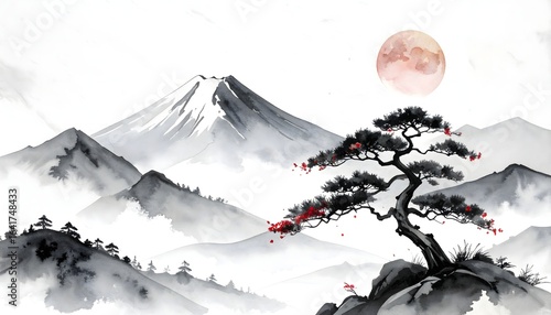 Majestic mountain landscape with a lone pine tree under a full red moon in traditional Japanese Sumi-e ink wash style