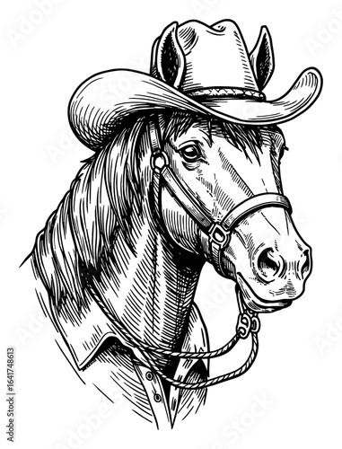 Happy Horse Wearing Cowboy Hat Portrait Black and White Outline Line Art Drawing Vintage Style Engraving