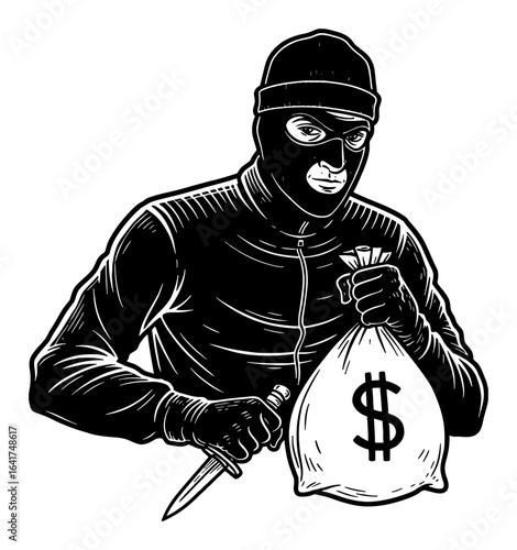 Masked Burglar Holding Money Bag and Dagger in Black and White Outline Line Art Drawing Illustration