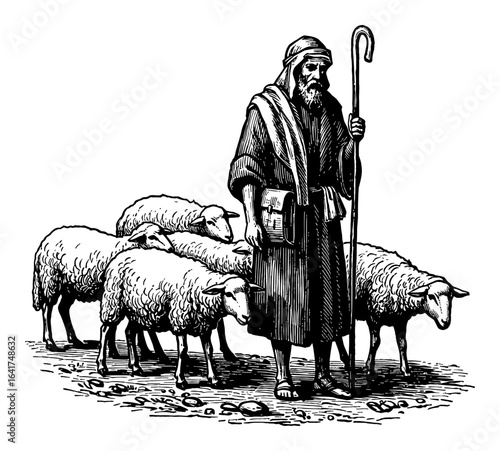 Ancient Shepherd Herding Sheep with Staff Black and White Outline Line Art Drawing Vintage Engraving