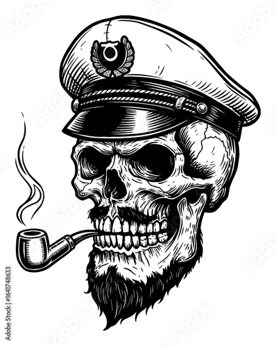 Distinguished Skull Wearing Captain Hat Smoking Pipe with Beard Black and White Outline Line Art Drawing