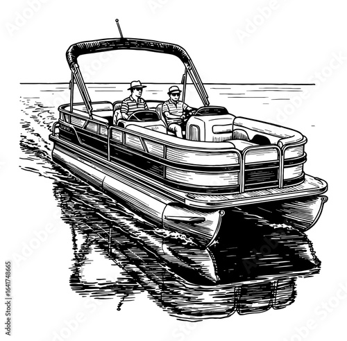 Classic Style Pontoon Boat Cruising on Water with Two People Black and White Outline Line Art Drawing Vintage