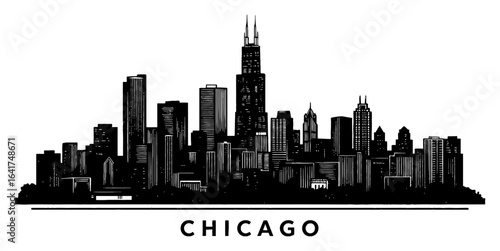 Chicago Skyline Cityscape with Text at Bottom Black and White Outline Line Art Drawing