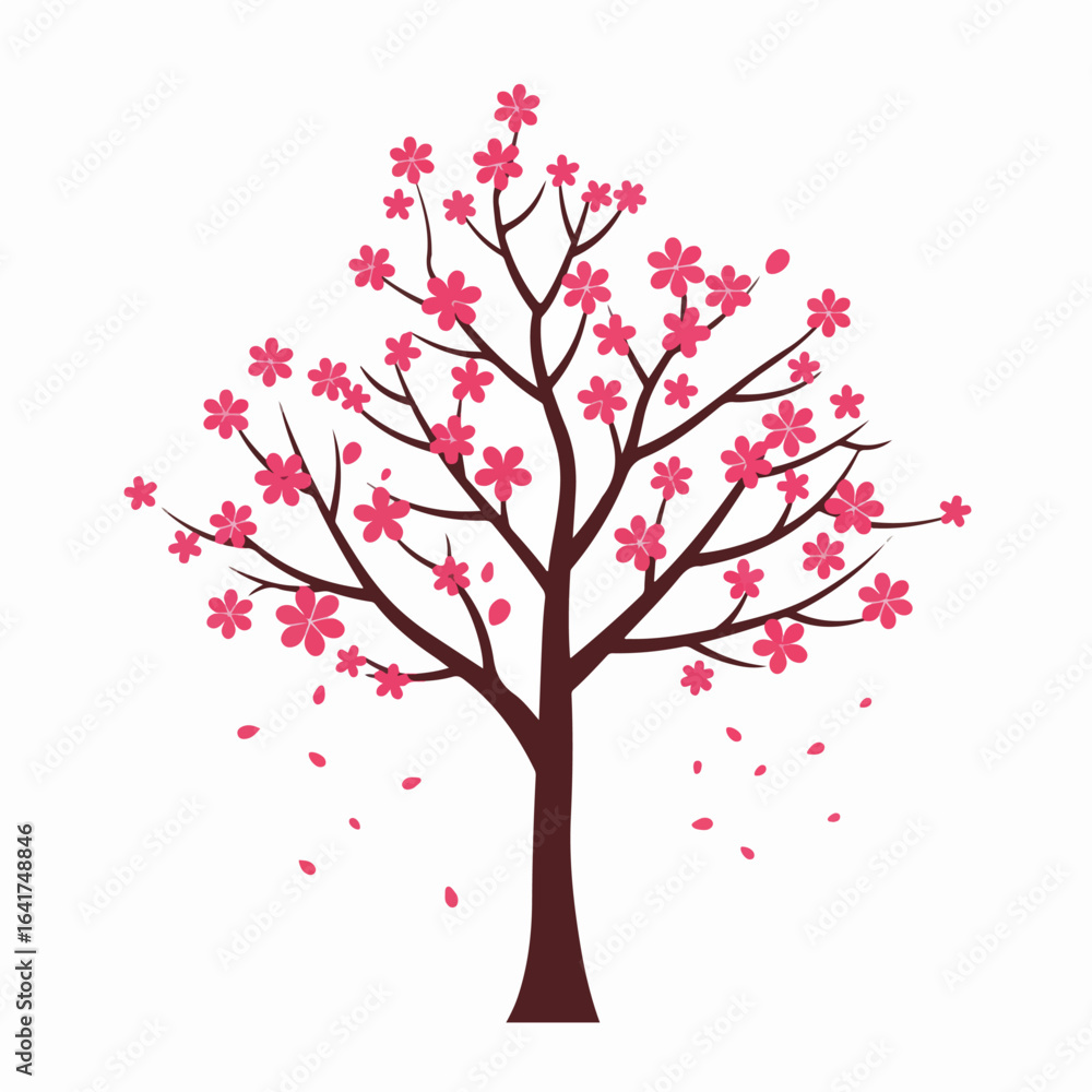 Obraz premium Vibrant Cherry Blossom Tree Vector Illustration with Pink Flowers and Falling Petals, Spring Nature Symbol