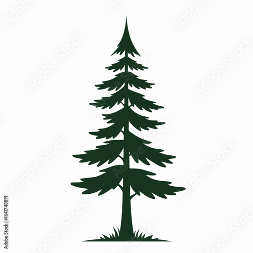 Simple dark green evergreen tree silhouette isolated on a white background, perfect for nature and forest-themed designs.