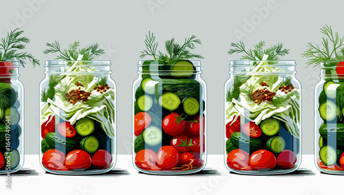 Colorful jars of pickled vegetables, vibrant illustration, healthy preservation concept, garden freshness