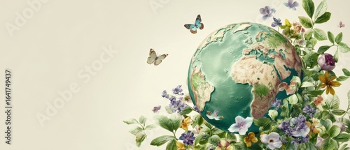 The Globe Surrounded by Beautiful Flowers and Butterflies in a Natural Setting