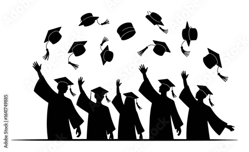 Graduation caps tossed in air by silhouetted students tossing silhouettes