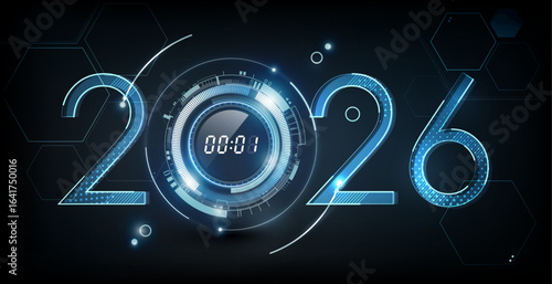 Happy New Year 2026 celebration with abstract digital clock on futuristic technology background, countdown concept, Can adjust digital number, vector illustration