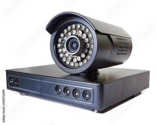 Black security camera and dvr system isolated on transparent background