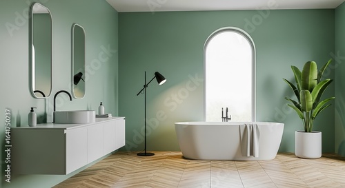 Modern Bathroom Interior with Green Walls, Freestanding Bathtub, and Natural Light Accentuating Minimalist Design and Elegant Fixtures