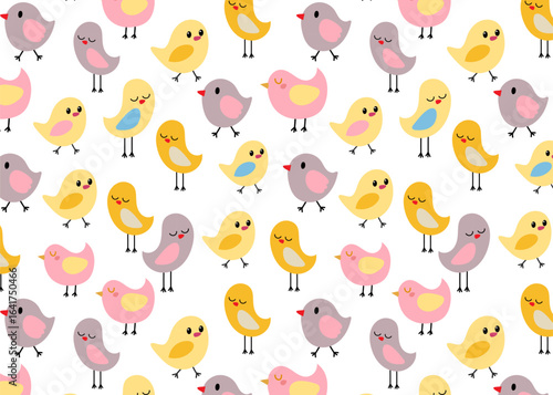 Seamless pattern with cheerful and colorful spring birds in vibrant colors – perfect for seasonal decorations, greeting cards, textiles, and spring marketing projects.