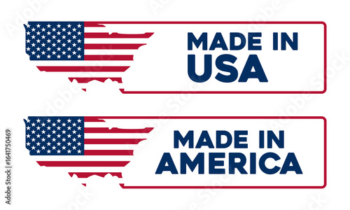 Made in usa and made in america labels with the american flag and country outline, isolated on transparent background